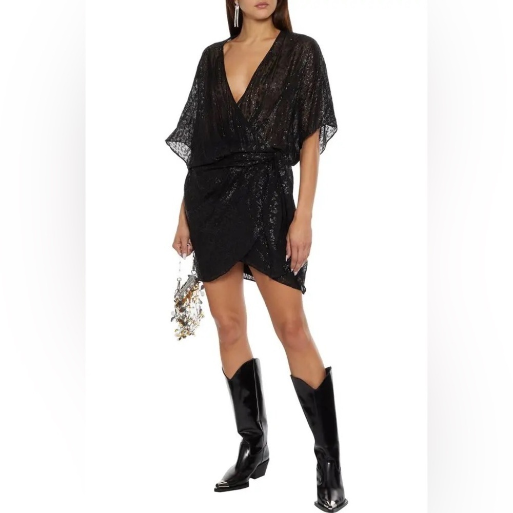 NWT IRO PARIS Reynea Metallic Fil Coupé Silk Black Mini Wrap Dress FR 38 (US 6)